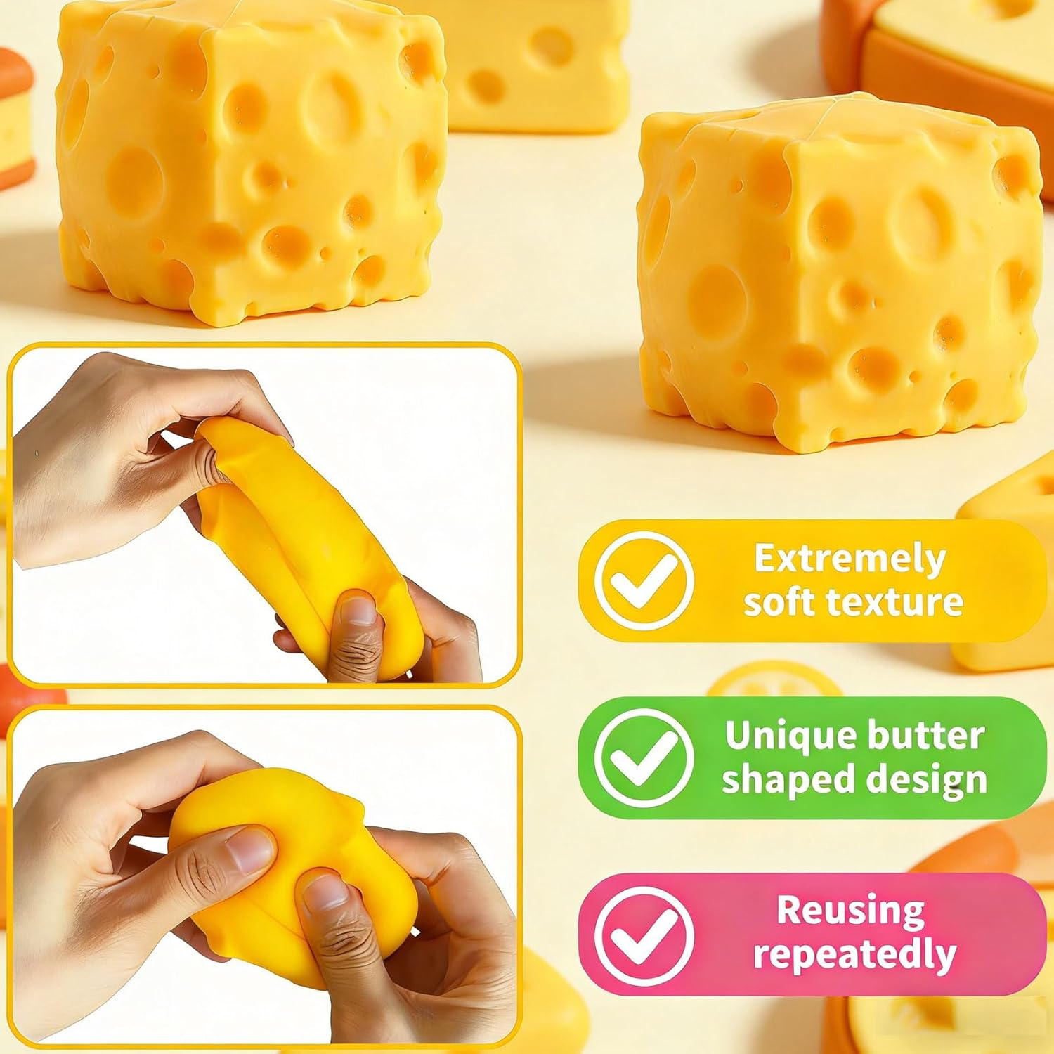 2 Packs Yellow Cheese Squishy Slow Rising, Squishy Squeeze Cheese Block, Soft Novelty Toy, Stress Balls for Adults Rebounding Sensory Squishys Cheese