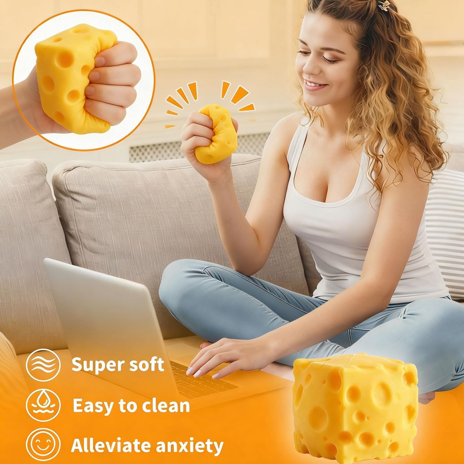 2 Packs Yellow Cheese Squishy Slow Rising, Squishy Squeeze Cheese Block, Soft Novelty Toy, Stress Balls for Adults Rebounding Sensory Squishys Cheese